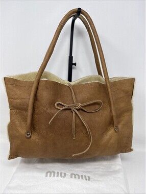 Auth MIU MIU Brown Leather Tote Bag Vintage Dyed Sheep Fur